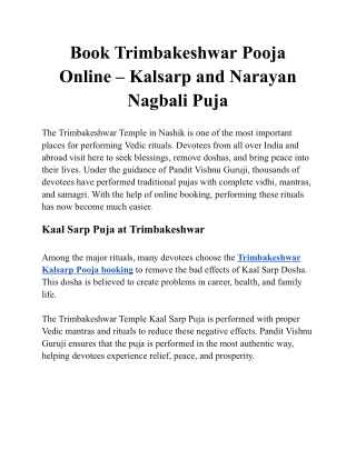 Book Trimbakeshwar Pooja Online – Kalsarp and Narayan Nagbali Puja