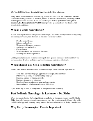 Why Your Child May Need a Neurologist: Expert Care by Dr. Richa in Lucknow