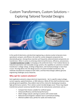 Custom Transformers, Custom Solutions – Exploring Tailored Toroidal Designs