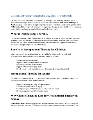 Occupational Therapy in Noida: Building Skills for a Better Life