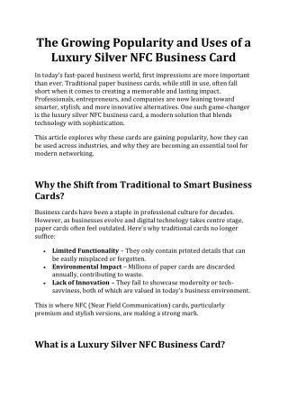 Luxury Silver NFC Business Card | Quaapps