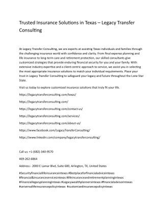 Trusted Insurance Solutions in Texas – Legacy Transfer Consulting