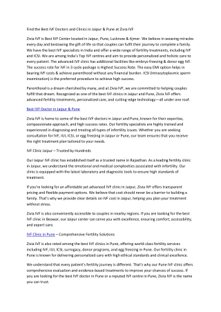 Find the Best IVF Doctors and Clinics in Jaipur & Pune at Zivia IVF