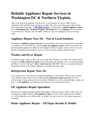Reliable Appliance Repair Services in Washington DC & Northern Virginia