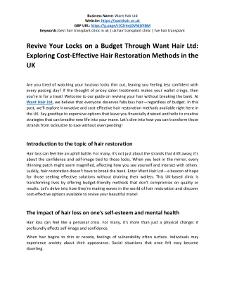 Affordable Hair Restoration in the UK with Want Hair Ltd