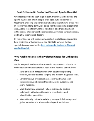 Best Orthopedic Doctor in Chennai Apollo Hospital