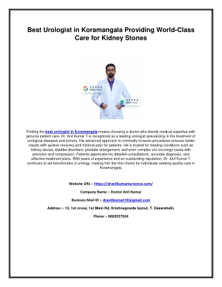 Best Urologist in Koramangala Providing World-Class Care for Kidney Stones
