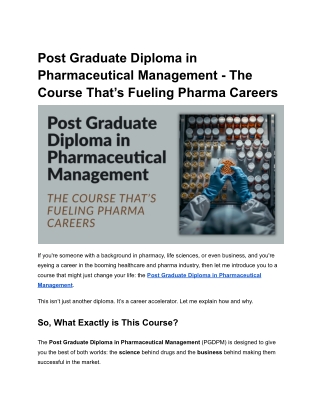 Post Graduate Diploma in Pharmaceutical Management - The Course That’s Fueling Pharma Careers
