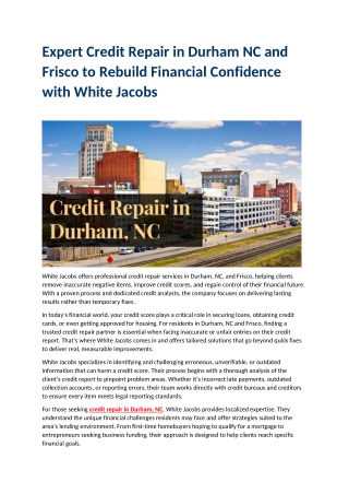 Expert Credit Repair in Durham NC and Frisco to Rebuild Financial Confidence with White Jacobs