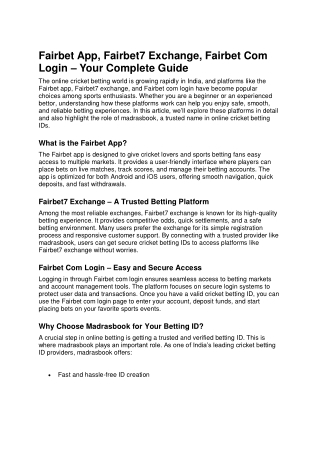 Fairbet App, Fairbet7 Exchange, Fairbet Com Login – Your Complete Guide