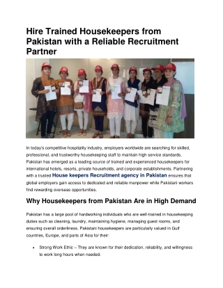 Hire Trained Housekeepers from Pakistan with a Reliable Recruitment Partner