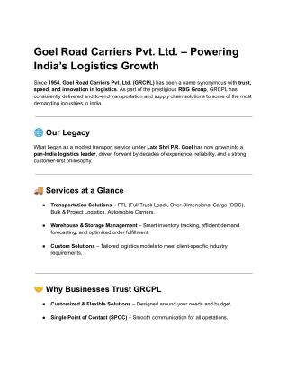 Goel Road Carriers Pvt. Ltd.: Driving India’s Logistics Excellence Since 1954"