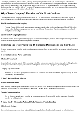 Exploring the Wilderness: Top 10 Camping Destinations You Can't Miss