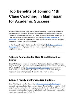 Top Benefits of Joining 11th Class Coaching in Maninagar for Academic Success