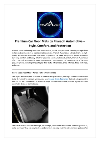 Premium Car Floor Mats by Pharaoh Automotive – Style, Comfort, and Protection