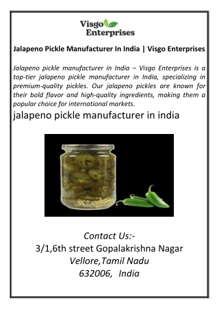 Jalapeno Pickle Manufacturer In India  Visgo Enterprises