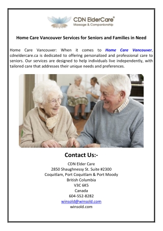 Home Care Vancouver Services for Seniors and Families in Need
