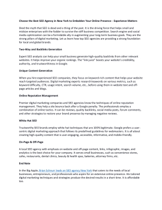 Choose the Best SEO Agency in New York to Embolden Your Online Presence - Experience Matters