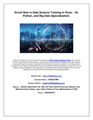 Enroll Now in Data Science Training in Pune – AI, Python, and Big Data Specialization.