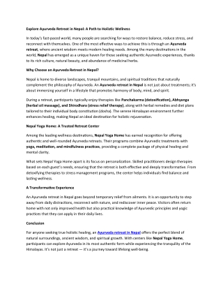 Explore Ayurveda Retreat in Nepal: A Path to Holistic Wellness