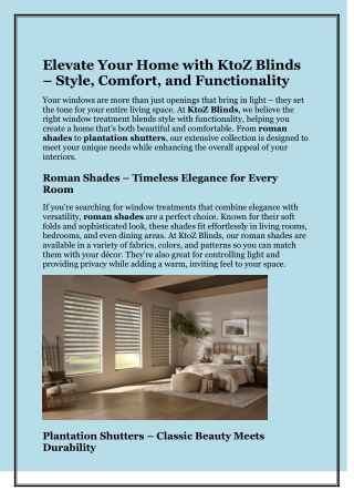 Elevate Your Home with KtoZ Blinds – Style, Comfort, and Functionality