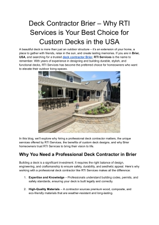 Deck Contractor Brier – Why RTI Services is Your Best Choice for Custom Decks in the USA