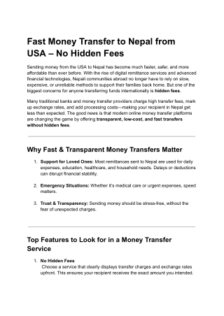Fast Money Transfer to Nepal from USA – No Hidden Fees