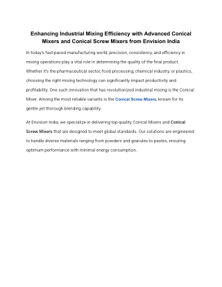 Enhancing Industrial Mixing Efficiency with Advanced Conical Mixers and Conical Screw Mixers from Envision India