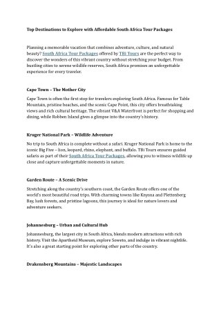 Top Destinations to Explore with Affordable South Africa Tour Packages