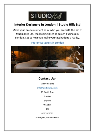 Interior Designers In London | Studio Hills Ltd