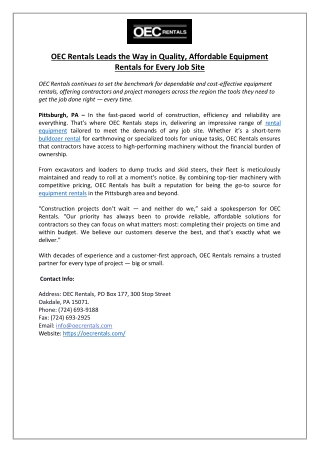 OEC Rentals Leads the Way in Quality, Affordable Equipment Rentals for Every Job Site