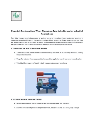 Essential Considerations When Choosing a Twin Lobe Blower for Industrial Applications
