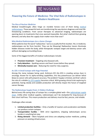 Powering the Future of Medicine - The Vital Role of Radioisotopes in Modern Healthcare