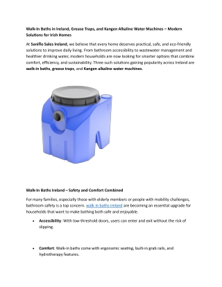 Walk-In Baths in Ireland, Grease Traps, and Kangen Alkaline Water Machines – Modern Solutions for Irish Homes