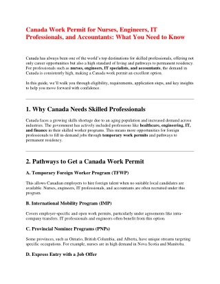 Canada Work Permit for Nurses, Engineers, IT Professionals, and Accountants