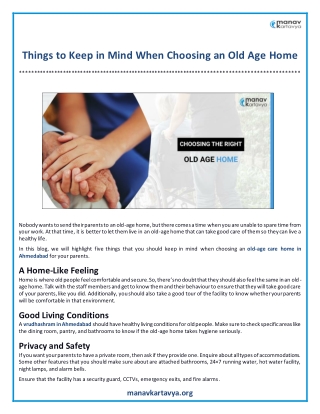Things to Keep in Mind When Choosing an Old Age Home