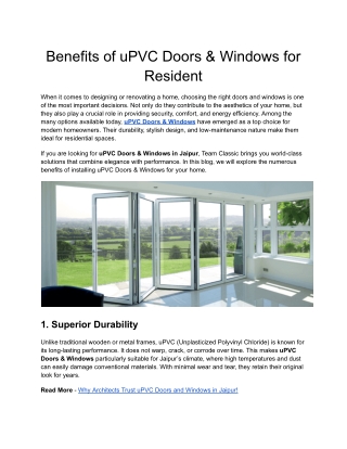 Benefits of uPVC Doors & Windows for Resident