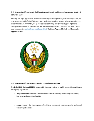Civil Defense Certificate Dubai, Trakhees Approval Dubai, and Concordia Approval Dubai – A Complete Guide