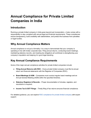 Annual Compliance for Privare Limited Companies in India