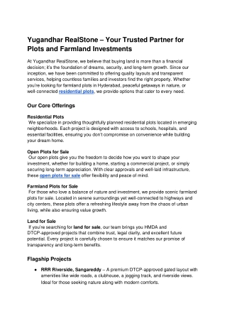 Yugandhar RealStone – Your Trusted Partner for Plots and Farmland Investments