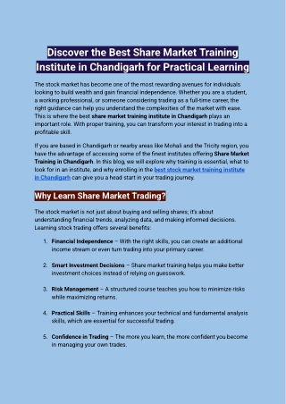 Discover the Best Share Market Training Institute in Chandigarh for Practical Learning