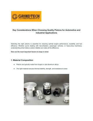 Key Considerations When Choosing Quality Pistons for Automotive and Industrial Applications