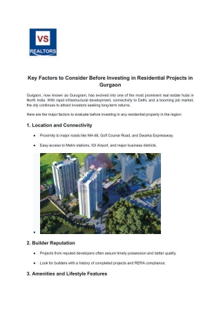 Key Factors to Consider Before Investing in Residential Projects in Gurgaon