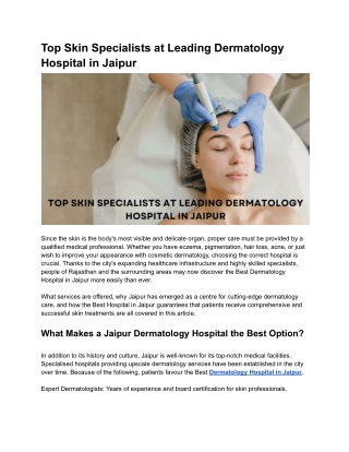 Top Skin Specialists at Leading Dermatology Hospital in Jaipur