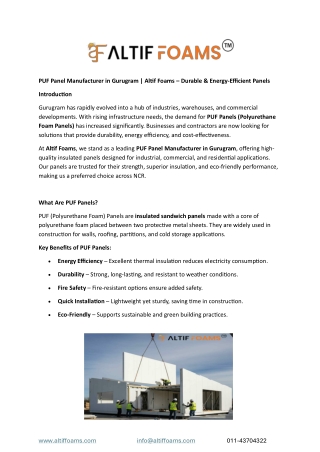 PUF Panel Manufacturer in Gurugram  Altif Foams – Durable  & Energy-Efficient Panels
