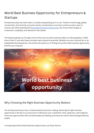 World Best Business Opportunity for Entrepreneurs & Startups