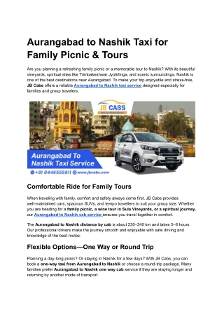 Aurangabad to Nashik Taxi for Family Picnic & Tours