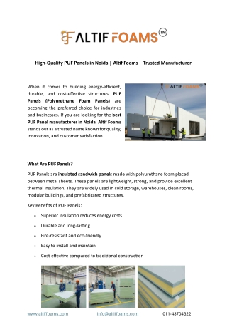 High-Quality PUF Panels in Noida Altif Foams – Trusted Manufacturer