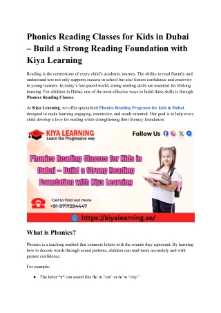 Phonics Reading Classes for Kids in Dubai – Build a Strong Reading Foundation with Kiya Learning