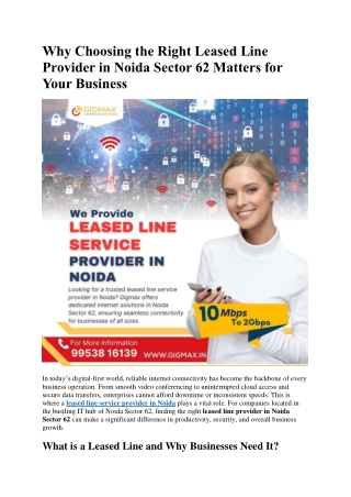 Why Choosing the Right Leased Line Provider in Noida Sector 62 Matters for Your Business
